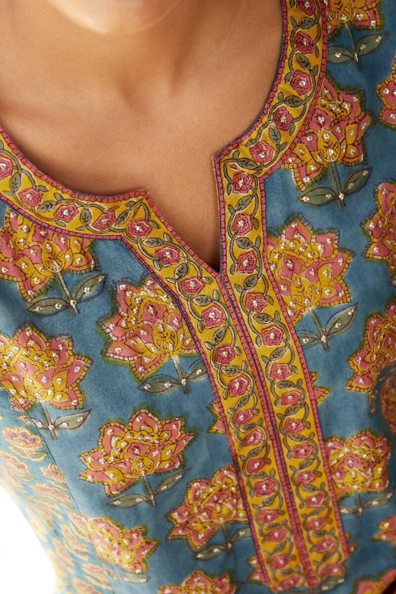 Blue Hand Block-Printed Straight Cotton Kurta