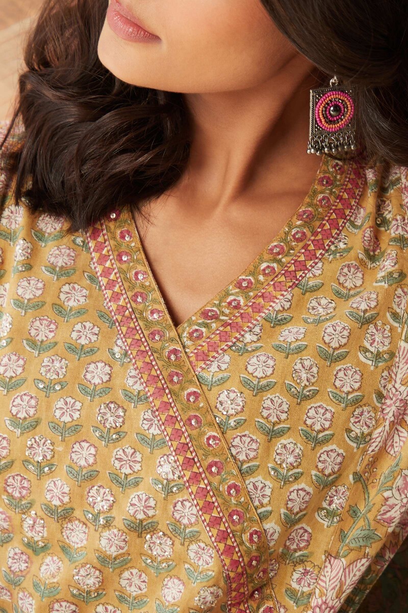 Yellow Hand Block-Printed Angrakha Cotton Kurta