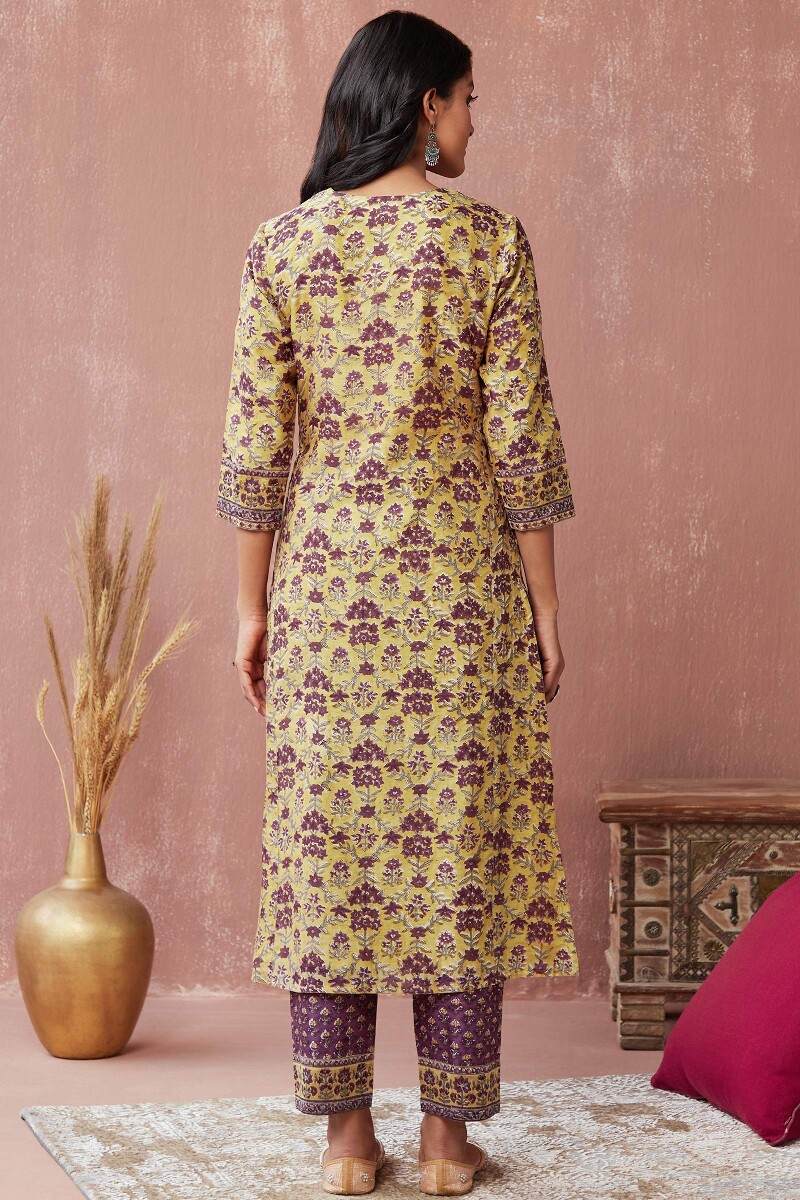 Yellow Hand Block-Printed Straight Chanderi Kurta