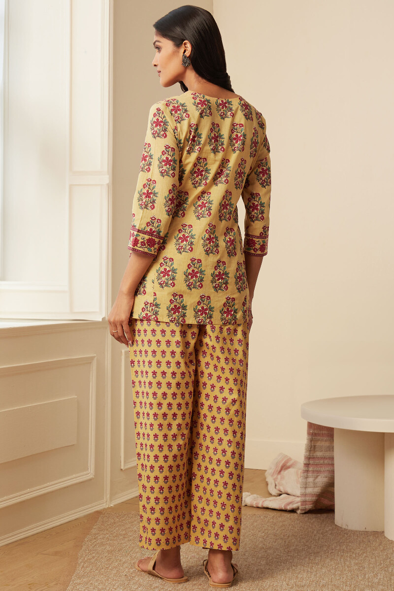 Yellow Hand-Printed Cotton Loungewear Set