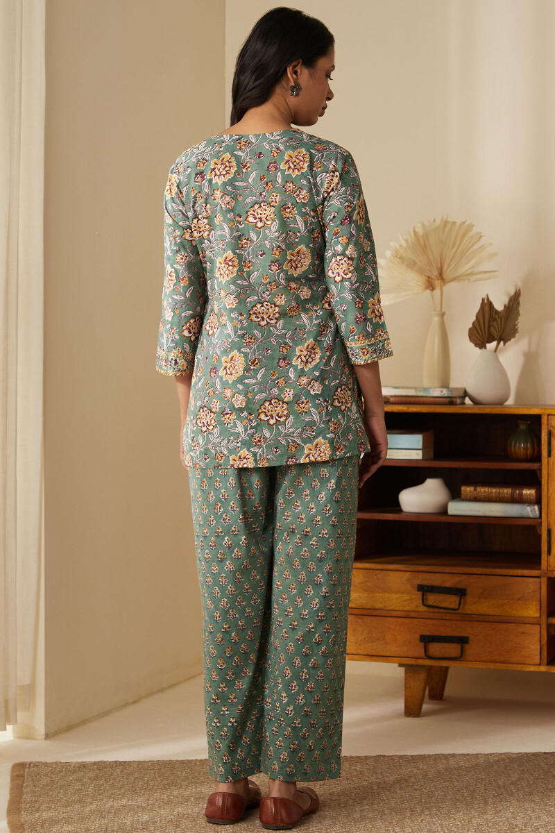 Green Hand Block-Printed Cotton Loungewear Set
