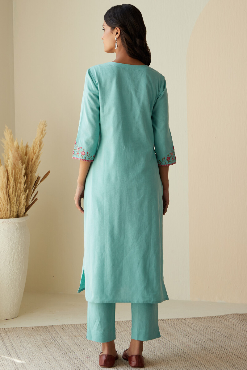 Blue Handcrafted Straight Cotton Flax Kurta