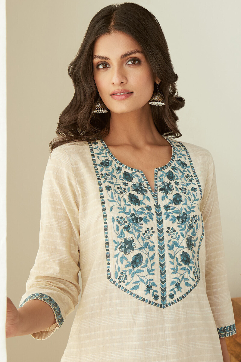 Beige Handcrafted Straight Cotton Kurta