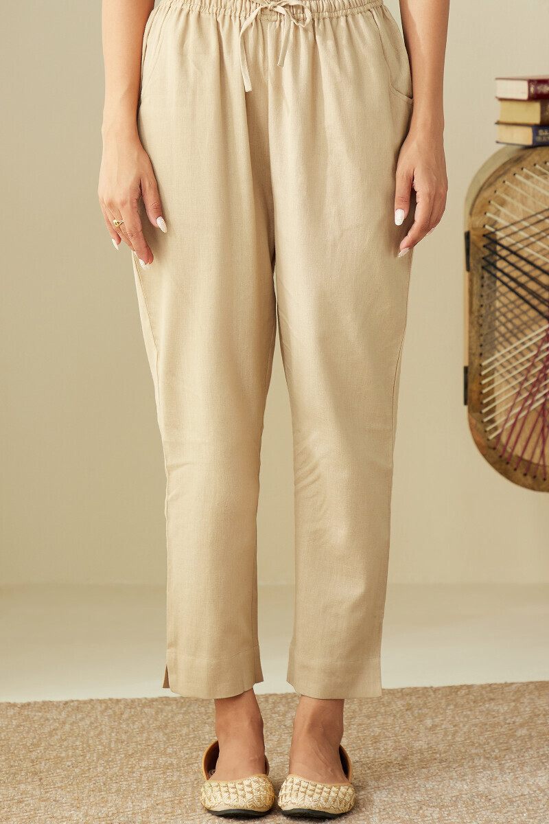 Beige Handcrafted Cotton Flax Narrow Pants