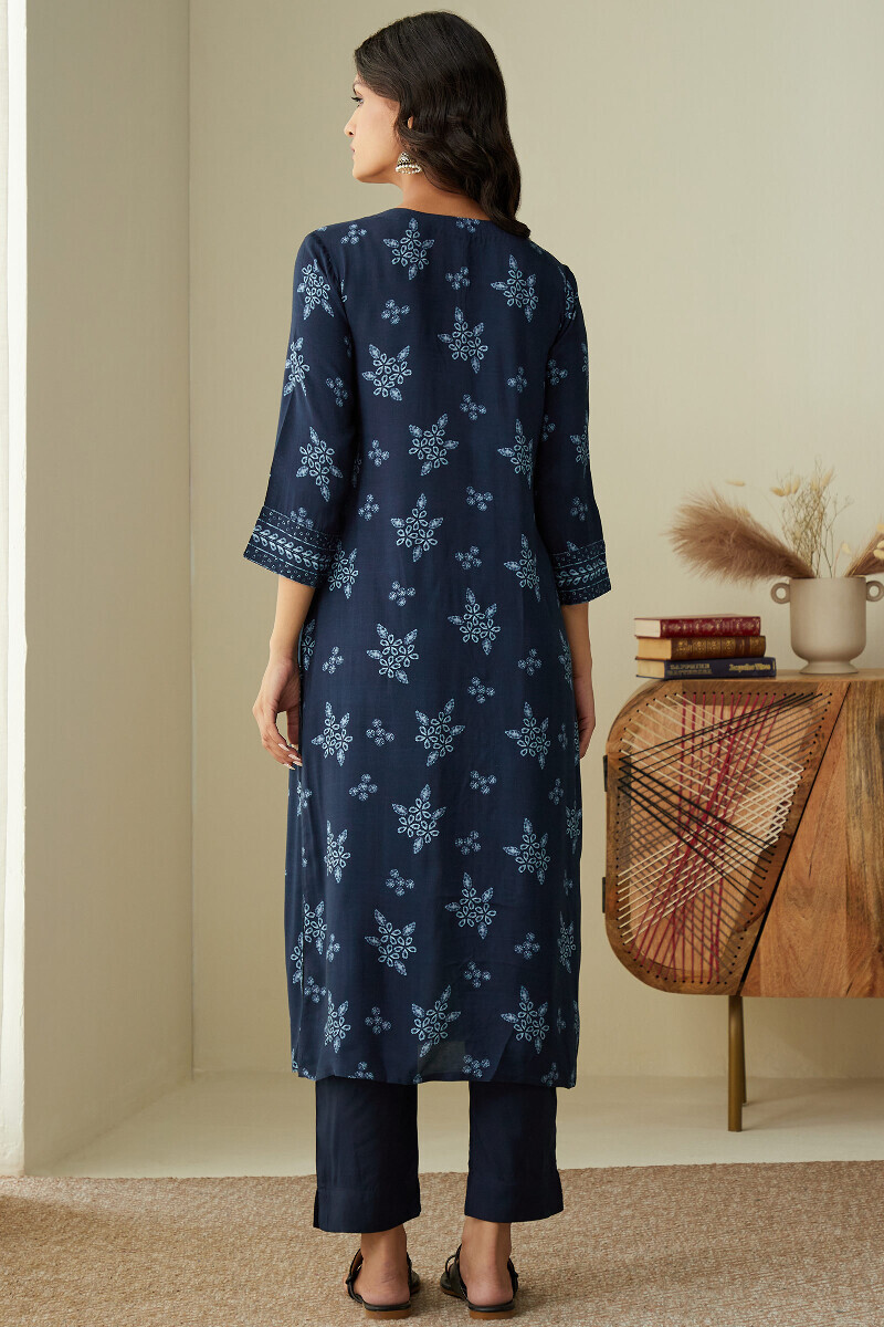 Blue Printed Straight Viscose Kurta