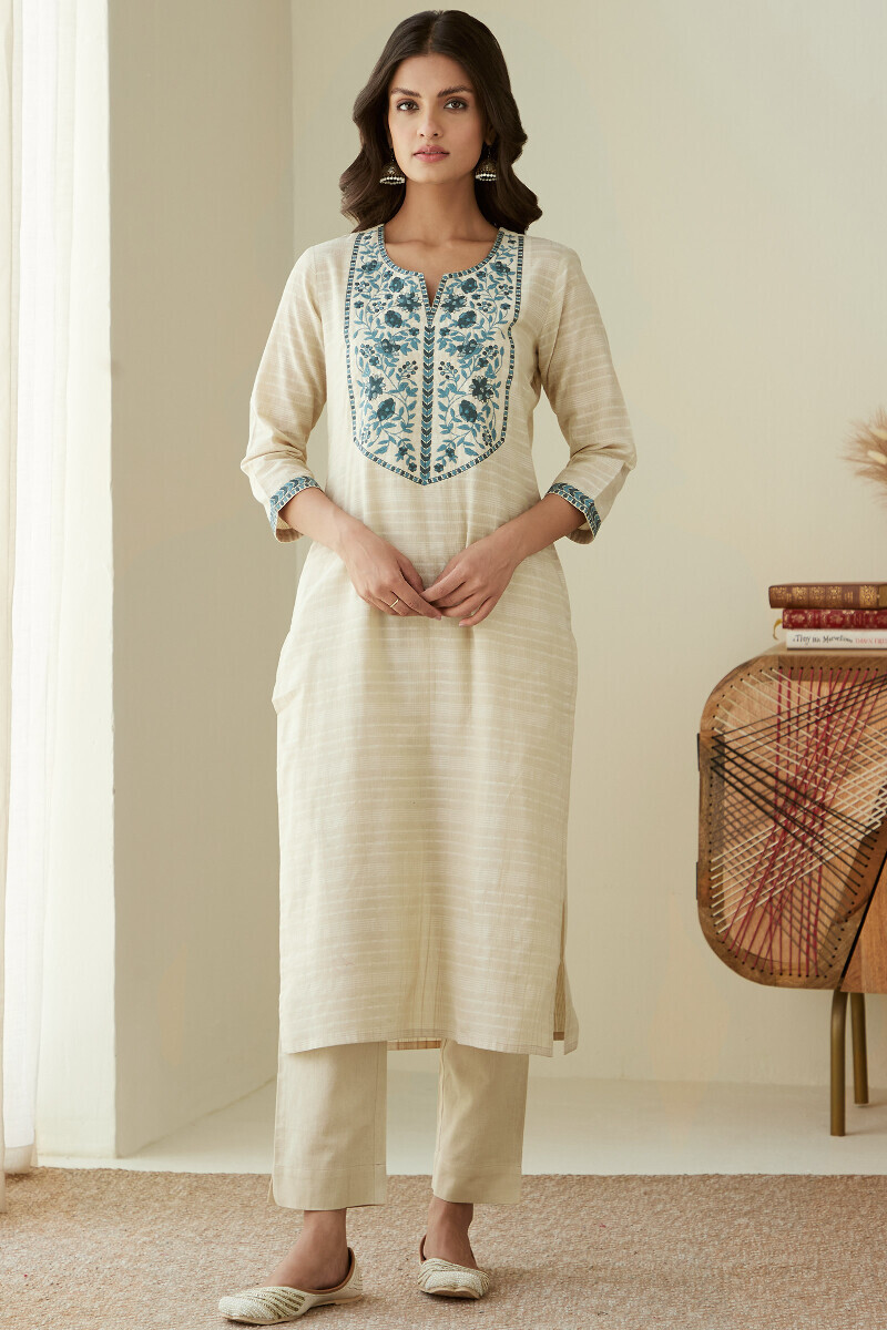 Beige Handcrafted Straight Cotton Kurta