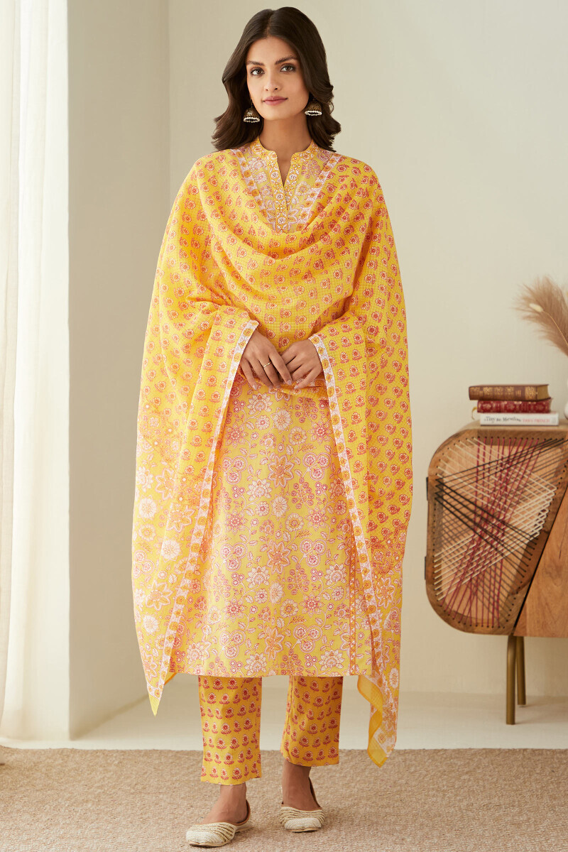 Yellow Hand Printed Straight Cotton Kurta