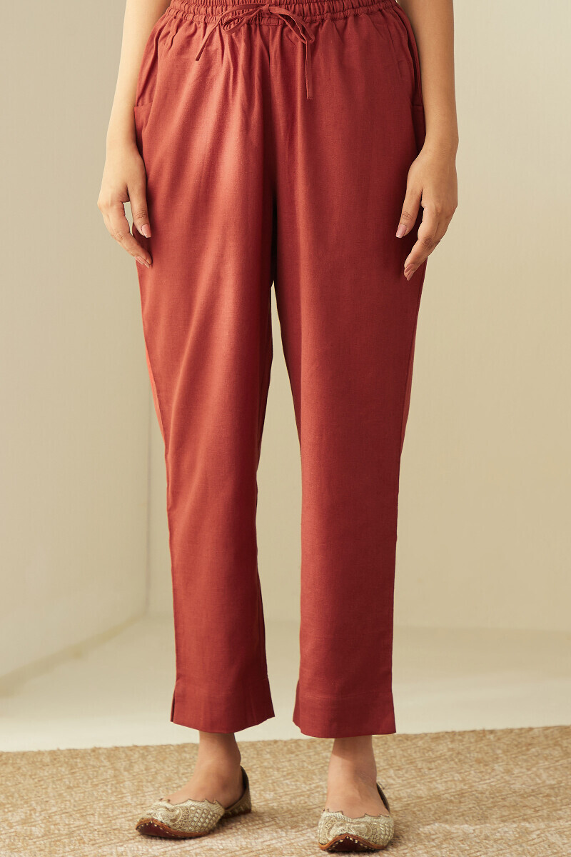 Red Handcrafted Cotton Flax Narrow Pants