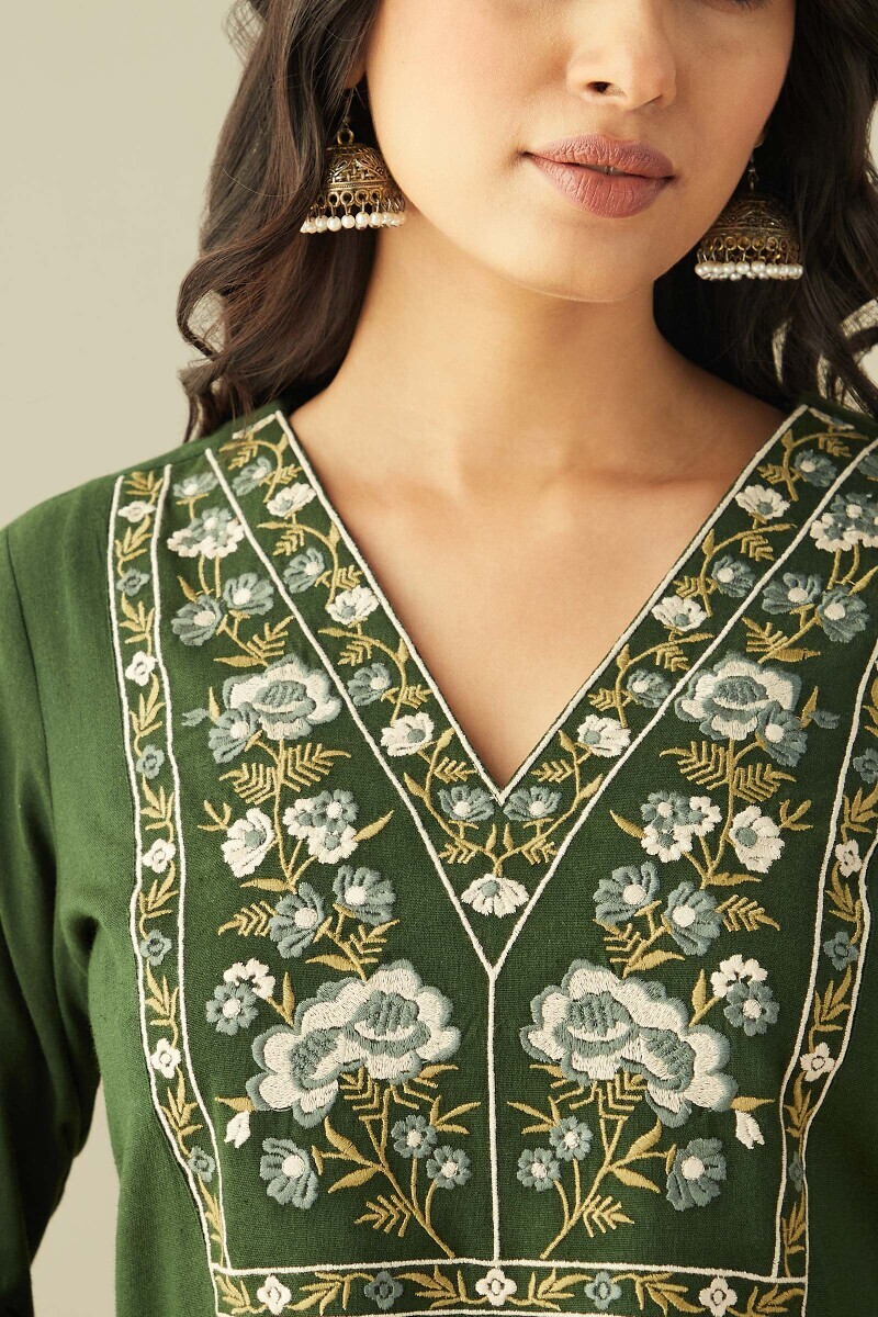 Green Handcrafted Straight Cotton Flax Kurta