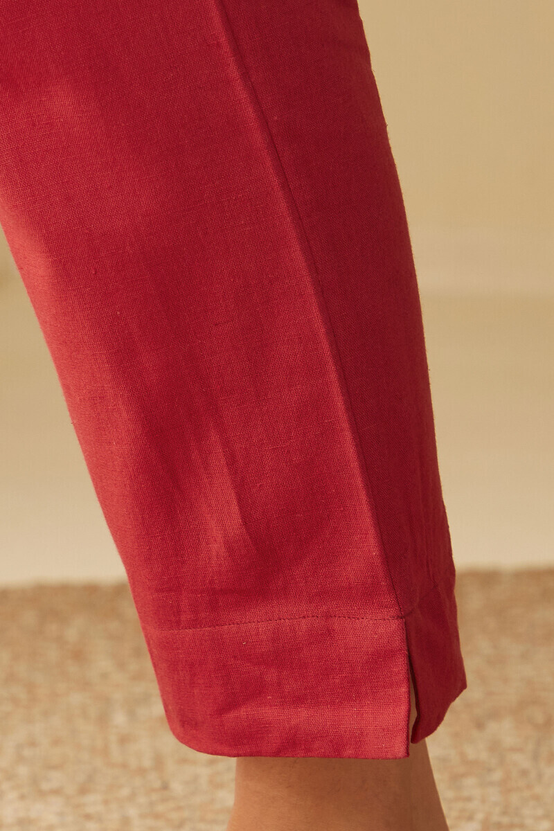 Red Handcrafted Cotton Flax Narrow Pants