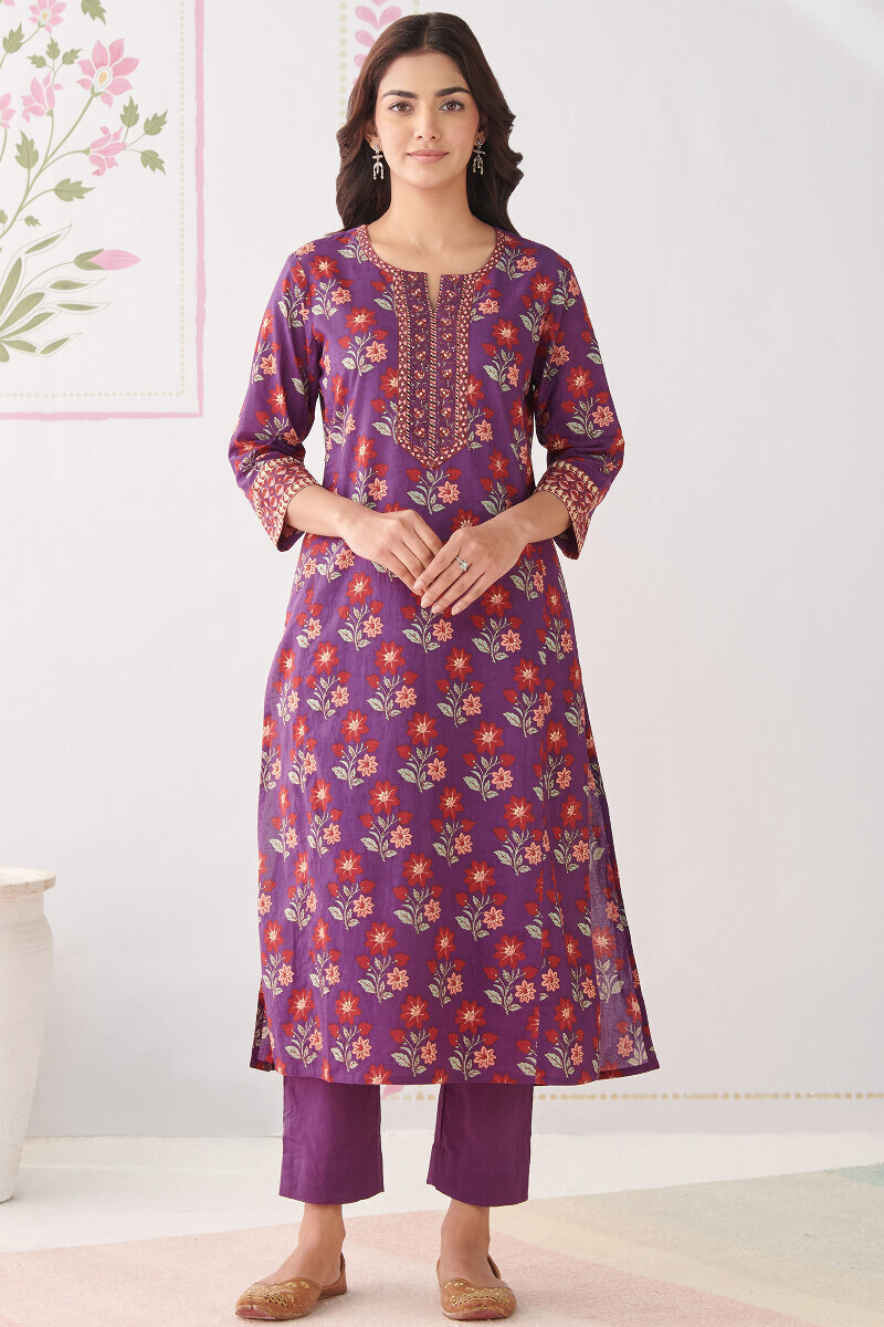 Purple Hand Printed Straight Cotton Kurta