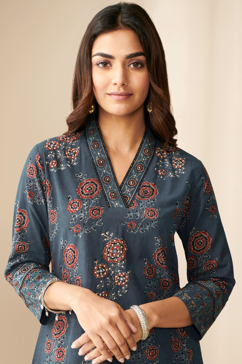 Indigo Hand Block Printed Straight Cotton Kurta