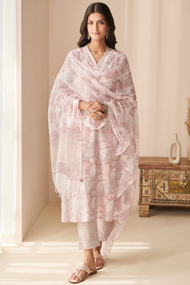 White Hand Block Printed Kota Dupatta