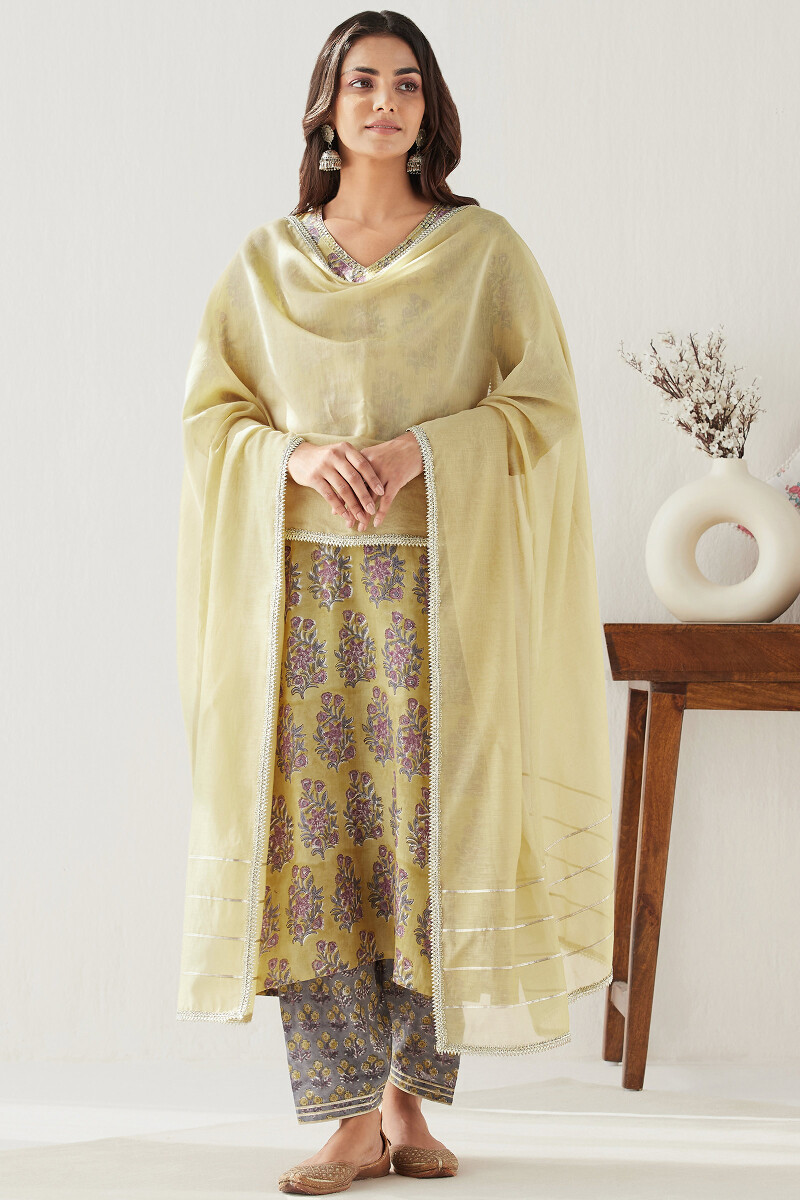 Mustard Hand Block Printed Straight Modal Kurta