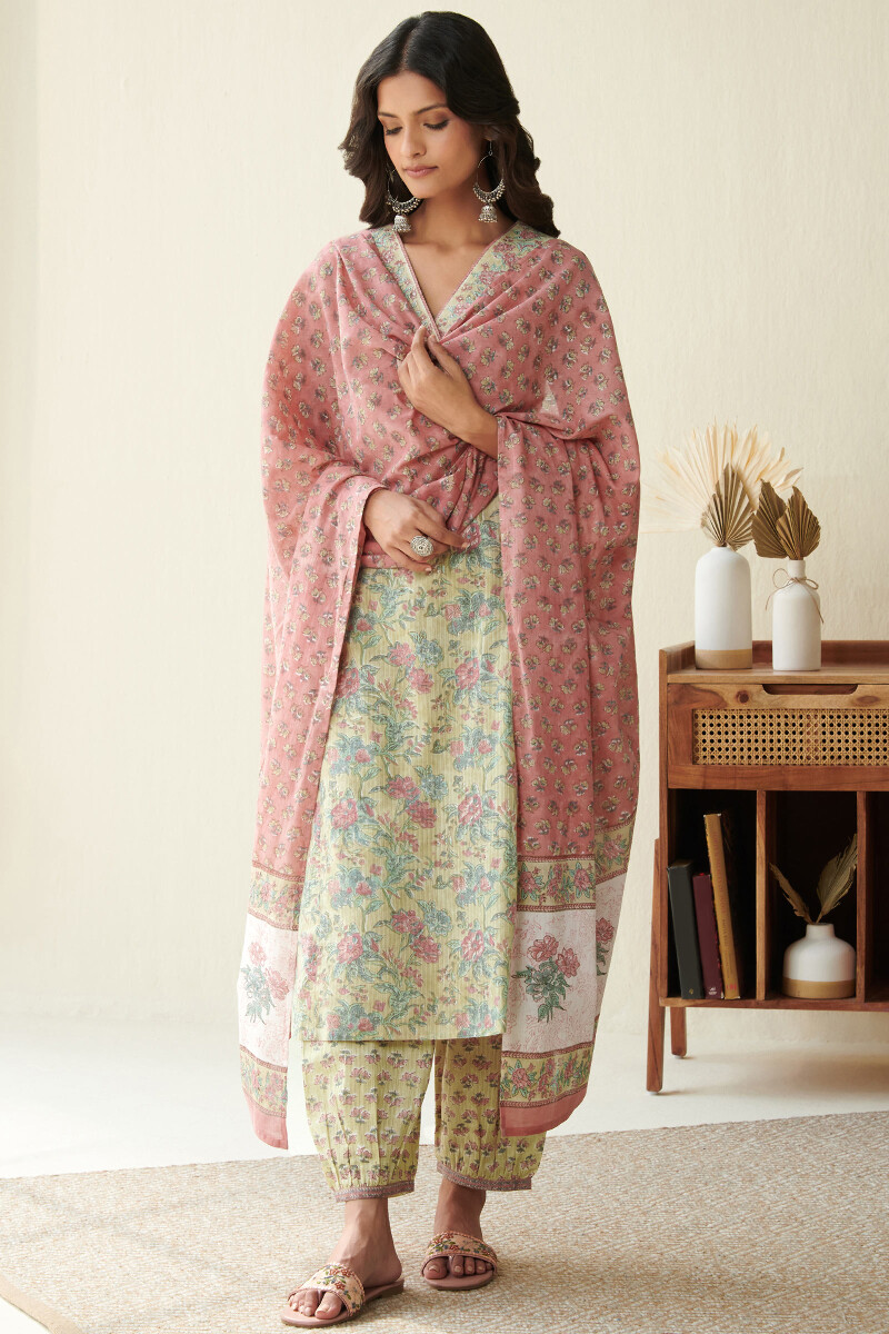 Pink Hand Block Printed Cotton Mul Dupatta