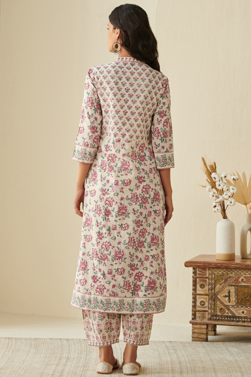 Off-White Hand Block Printed A-Line Cotton Kurta