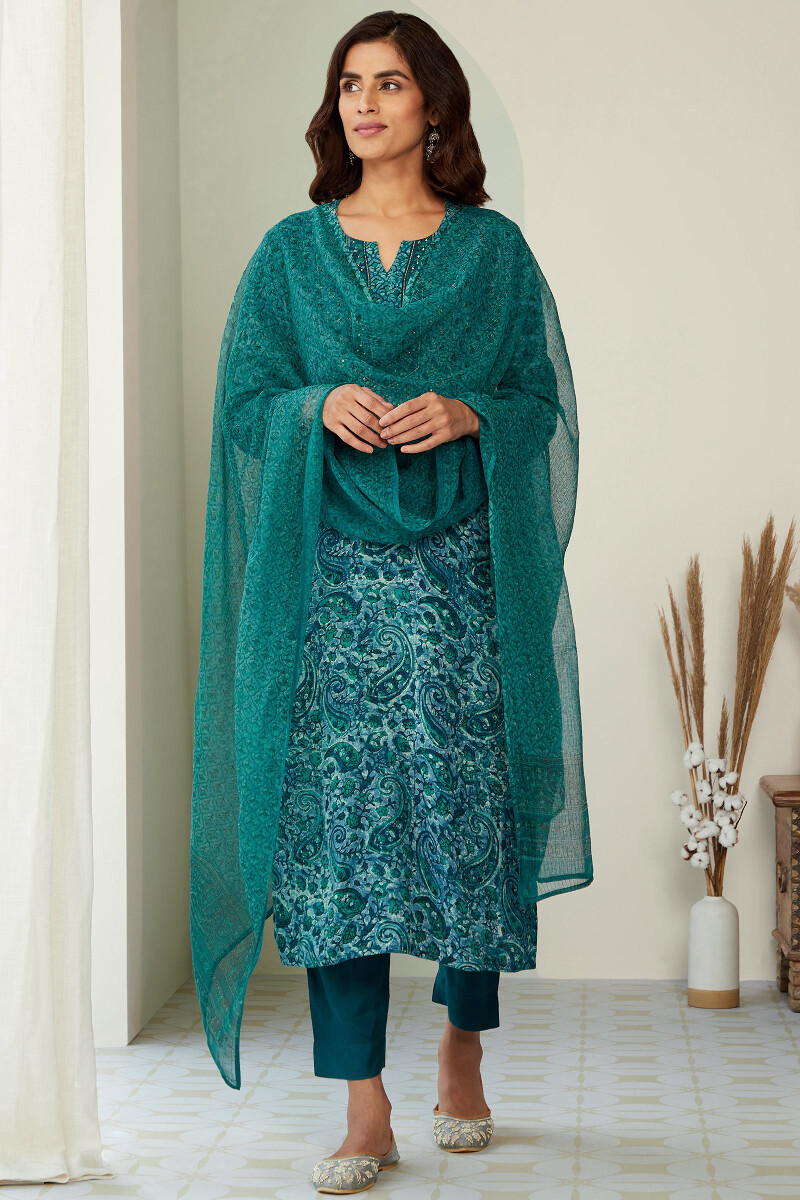 Teal Blue Handcrafted Modal Narrow Pants