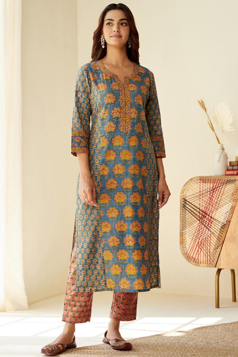 Blue Hand Block-Printed Straight Cotton Kurta