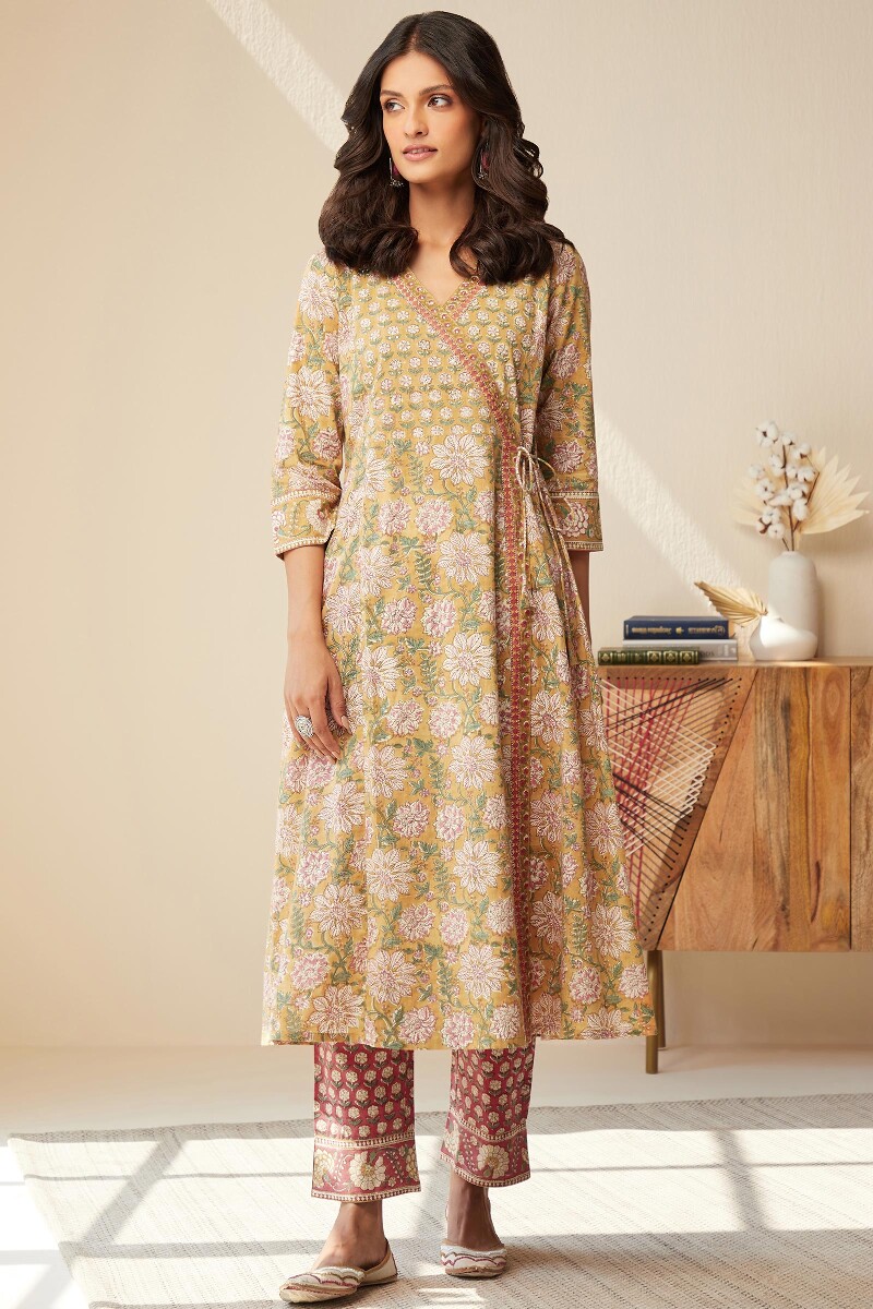 Yellow Hand Block-Printed Angrakha Cotton Kurta