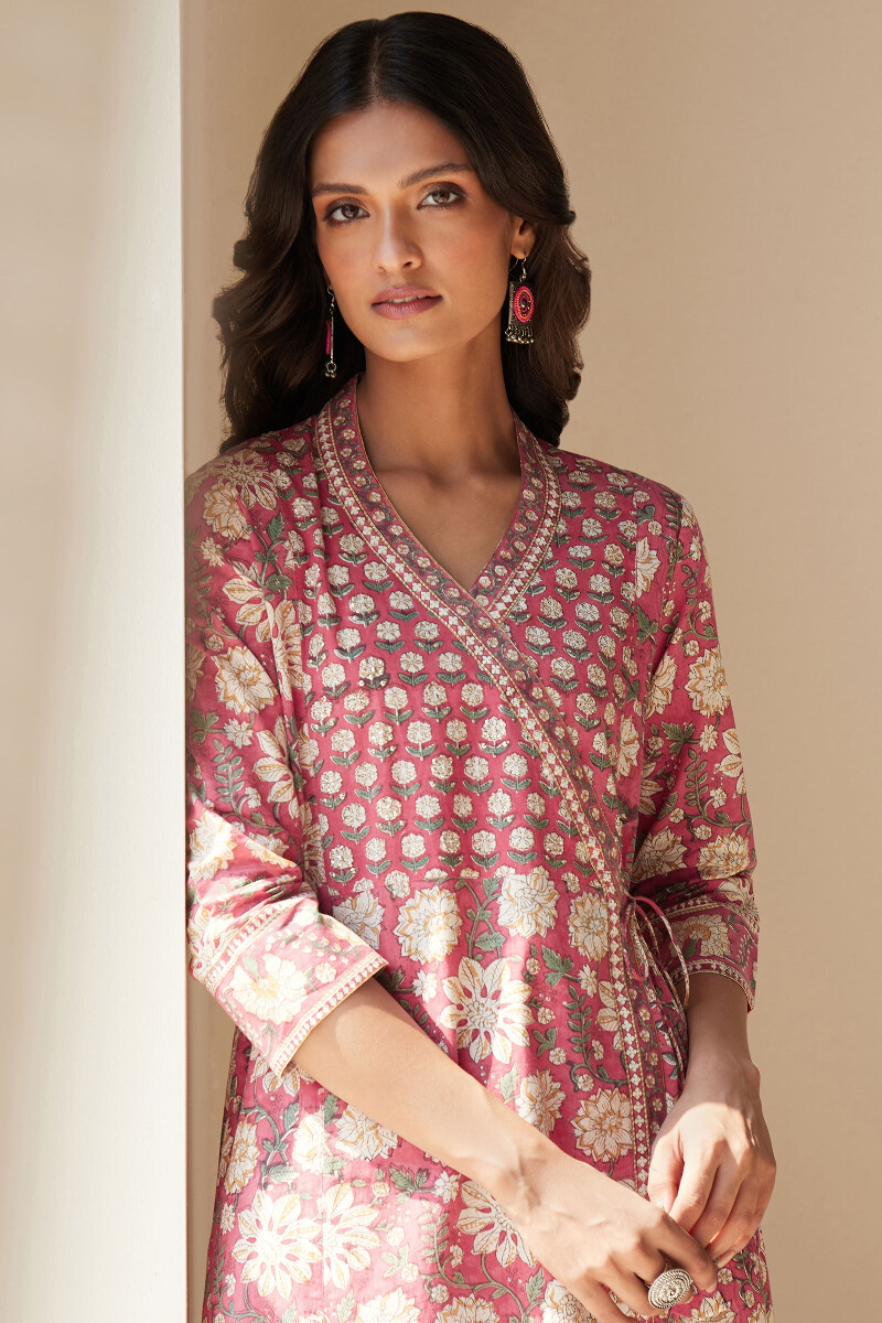 Pink Hand Block-Printed Angrakha Cotton Kurta