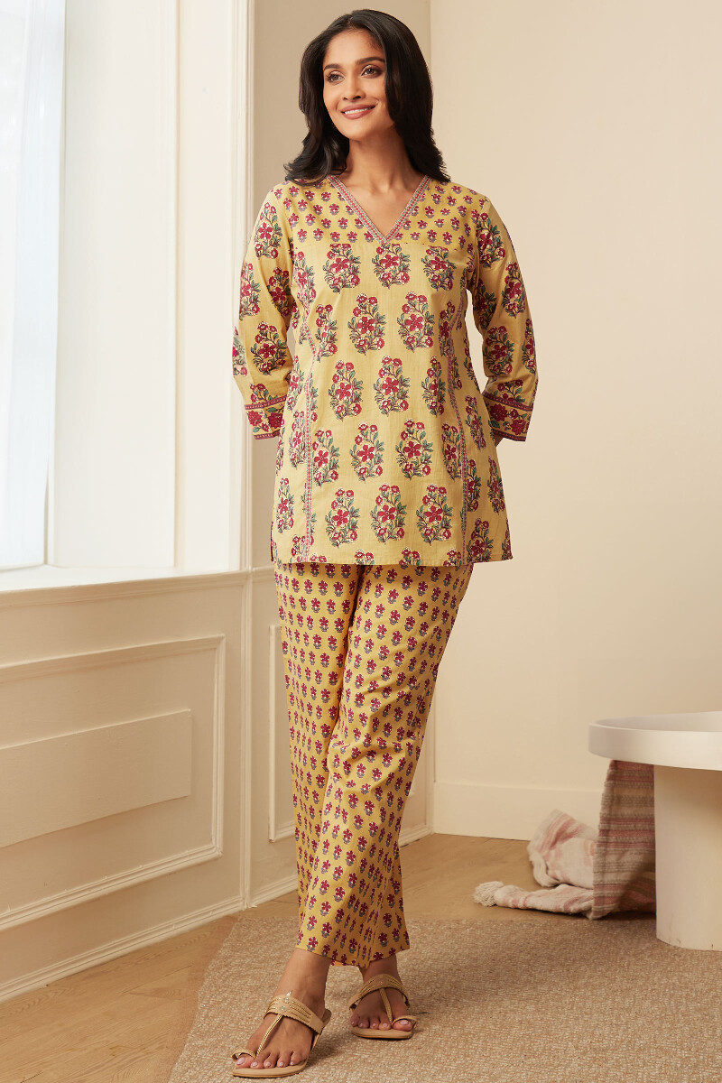 Yellow Hand-Printed Cotton Loungewear Set