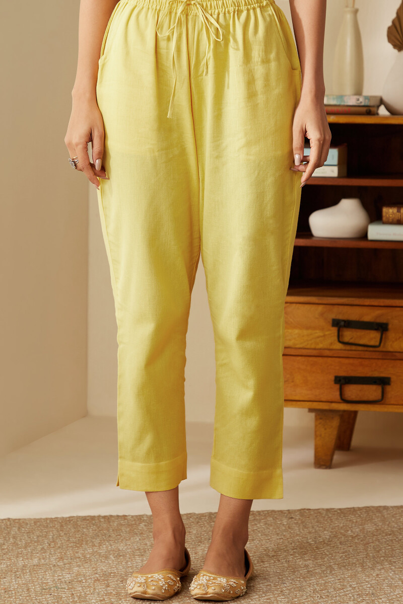 Yellow Handcrafted Cotton Flax Narrow Pants