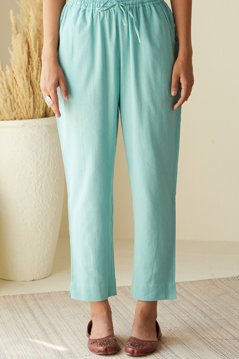 Blue Handcrafted Cotton Flax Narrow Pants