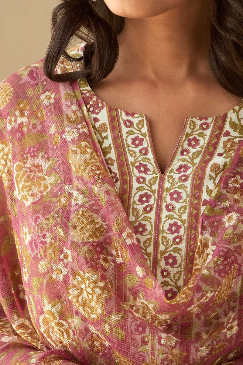 Pink Hand-Printed Kota Dupatta