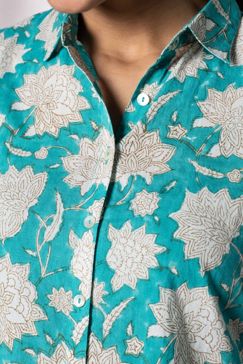 Turquoise Block Printed Cotton Pyjama Set