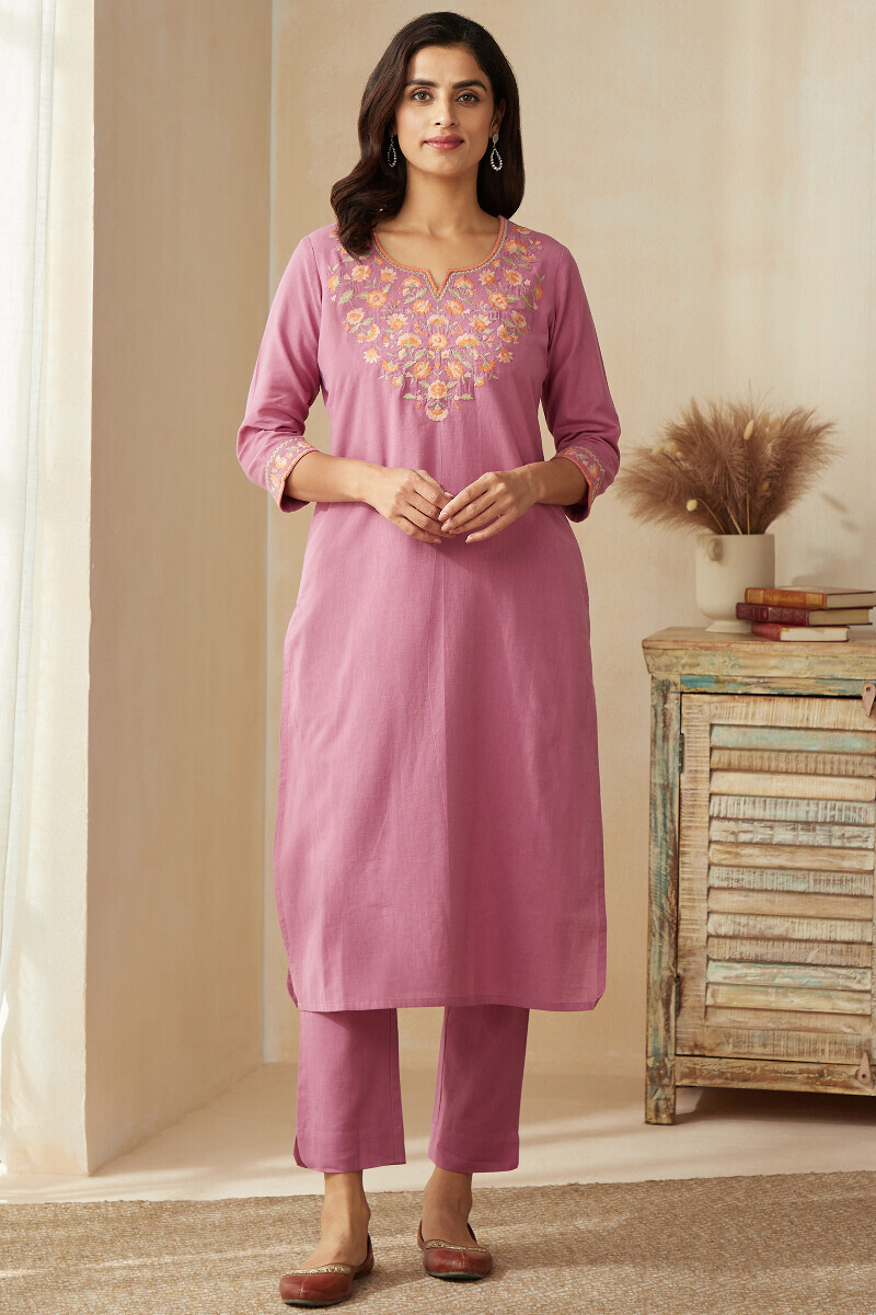 Purple Handcrafted Straight Cotton Flax Kurta