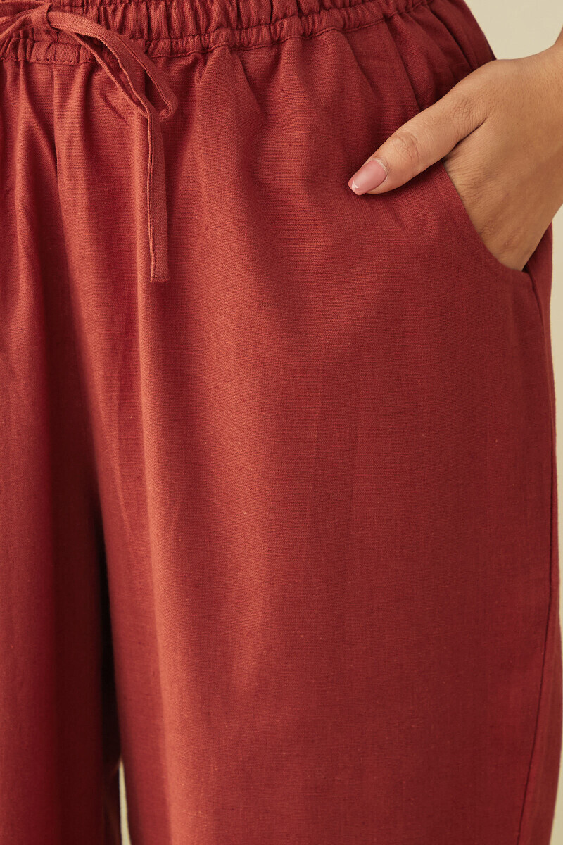 Red Handcrafted Cotton Flax Narrow Pants