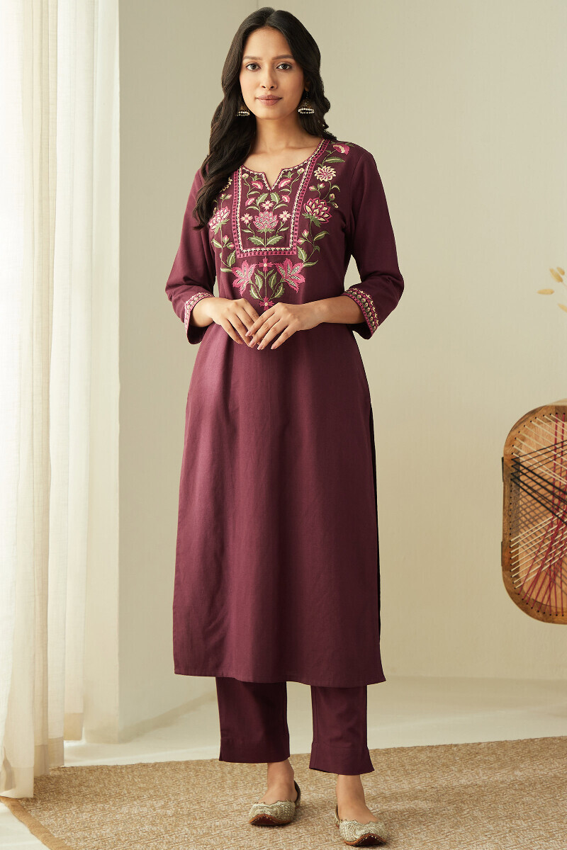 Purple Handcrafted Straight Cotton Flax Kurta