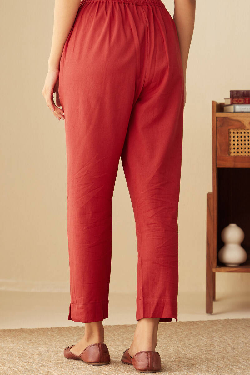 Red Handcrafted Cotton Flax Narrow Pants