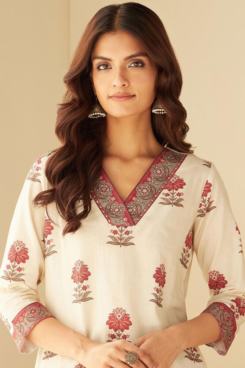 Cream Printed Straight Cotton Kurta