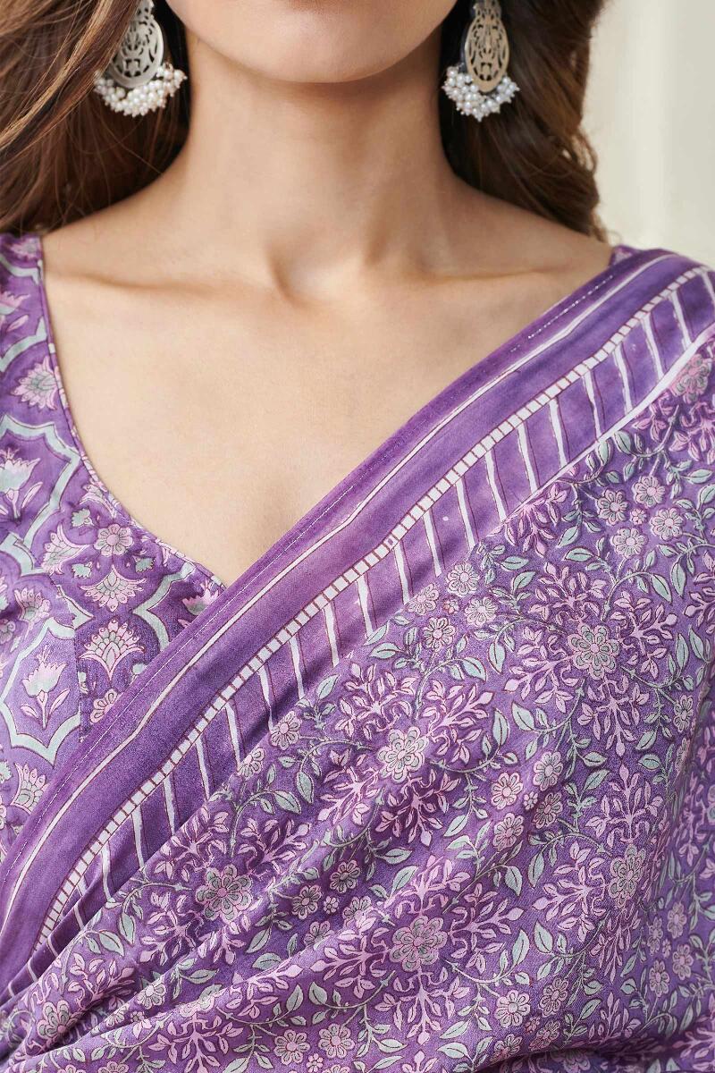 Purple Hand Block Printed Cotton Silk Saree