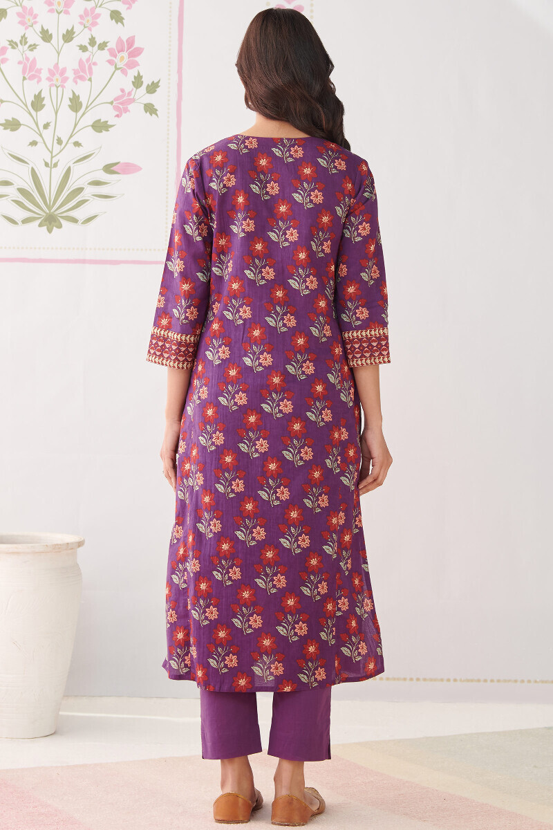 Purple Hand Printed Straight Cotton Kurta