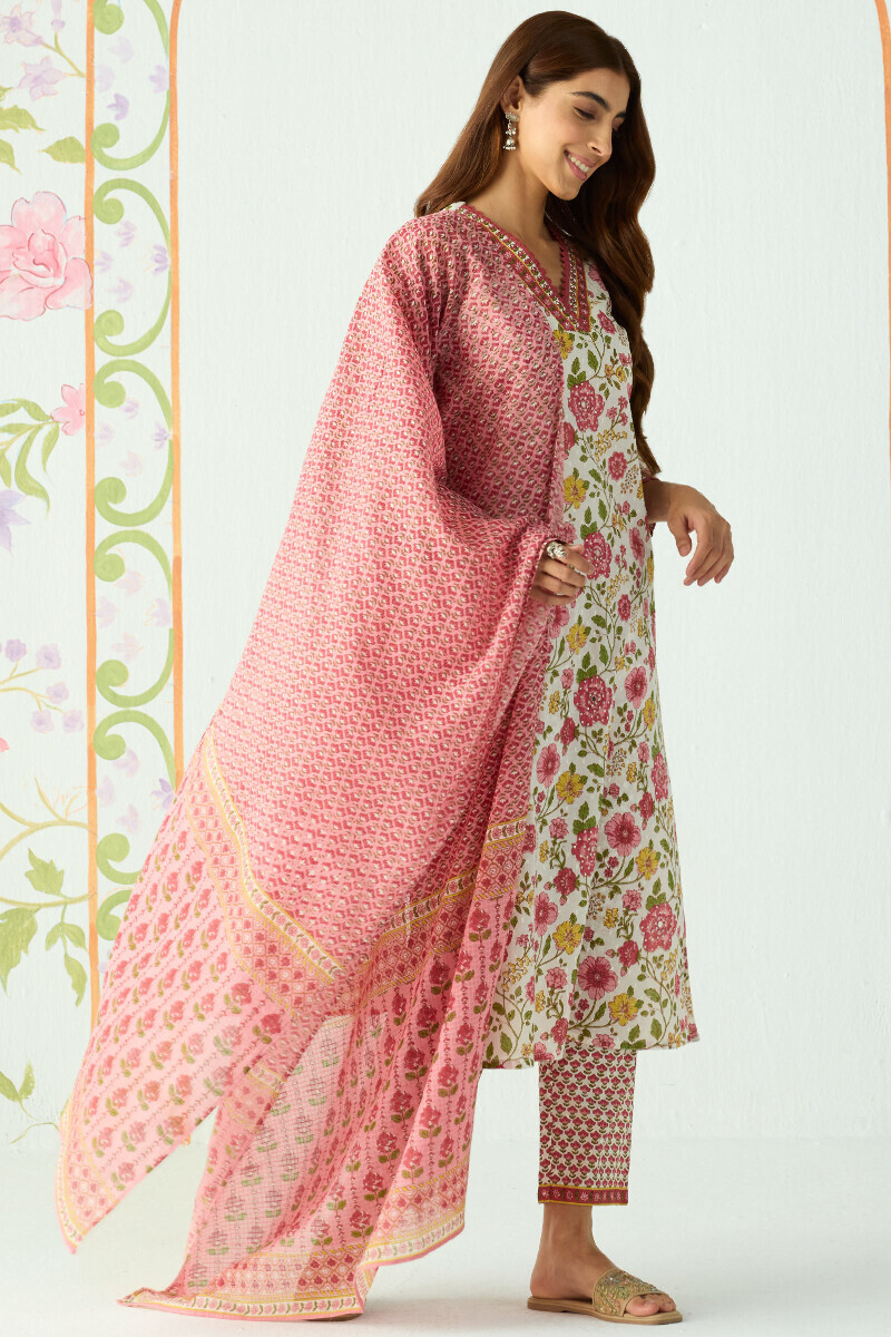 White Hand Printed Straight Cotton Dobby Kurta