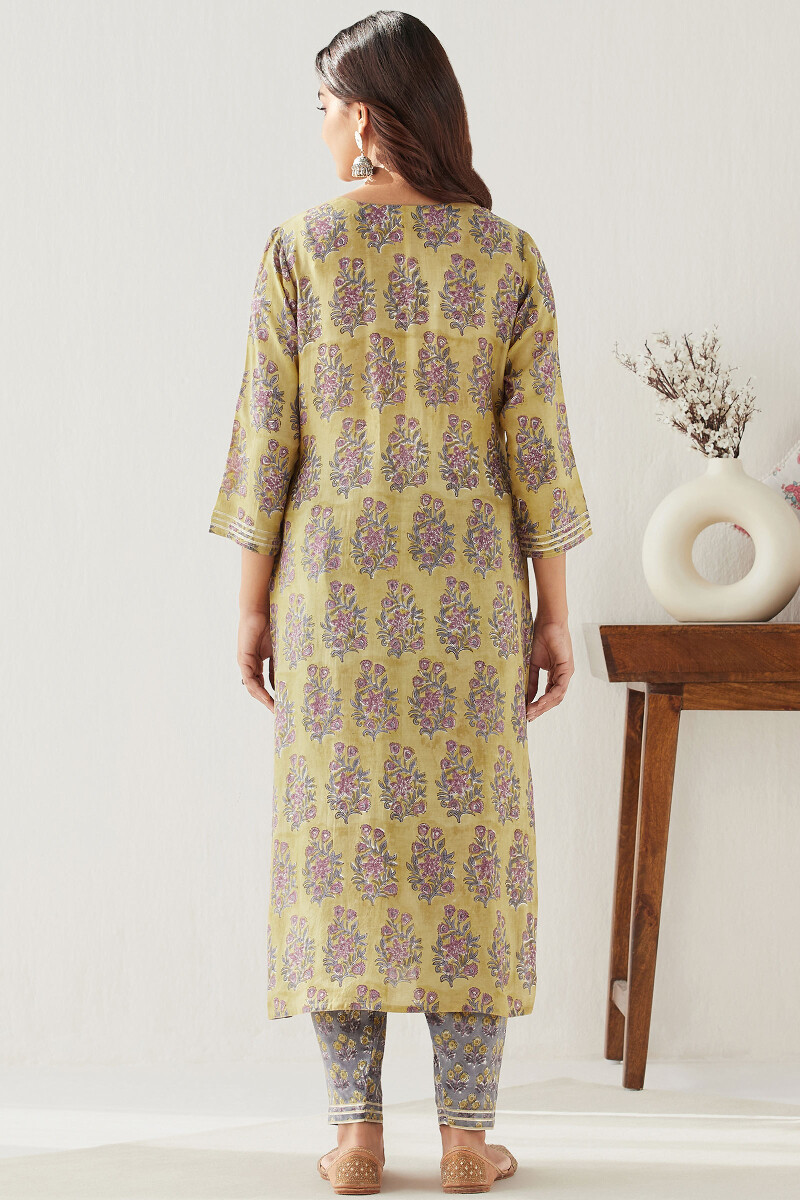 Mustard Hand Block Printed Straight Modal Kurta