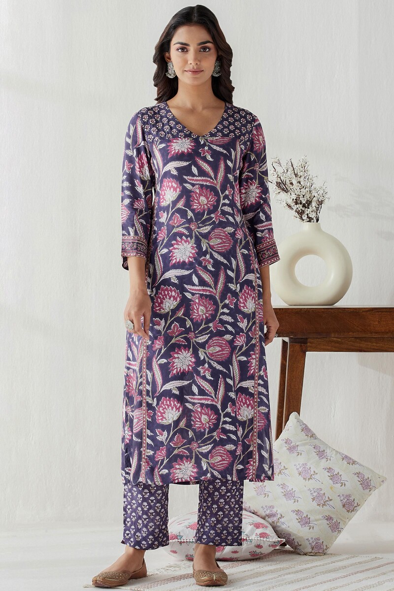 Purple Hand Block Printed Straight Modal Kurta