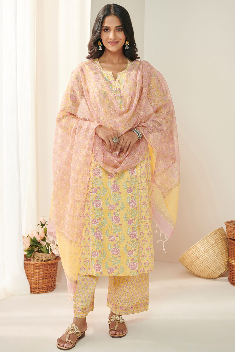 Yellow Hand Block Printed Straight Cotton Slub Kurta