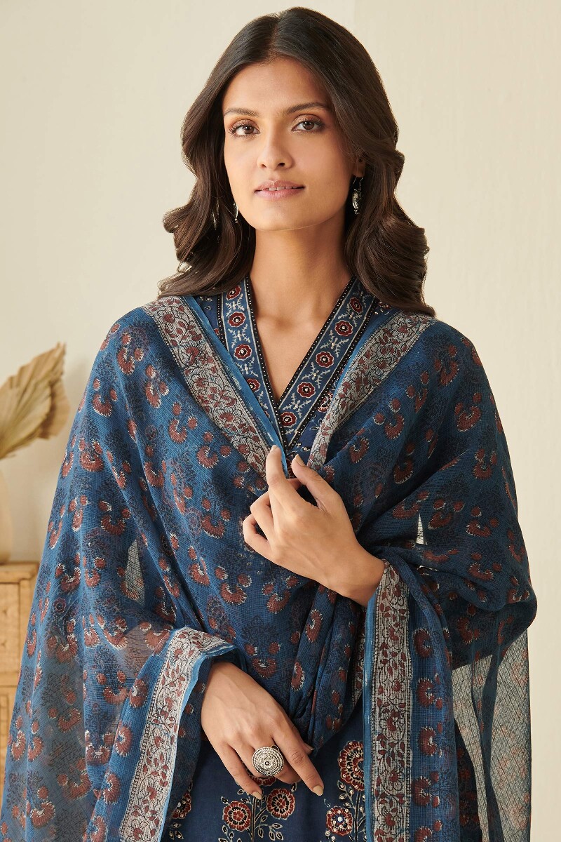 Indigo Hand Block Printed Kota Dupatta