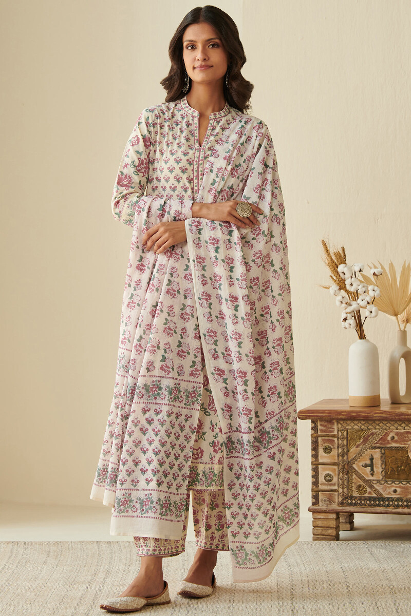 Off-White Hand Block Printed A-Line Cotton Kurta