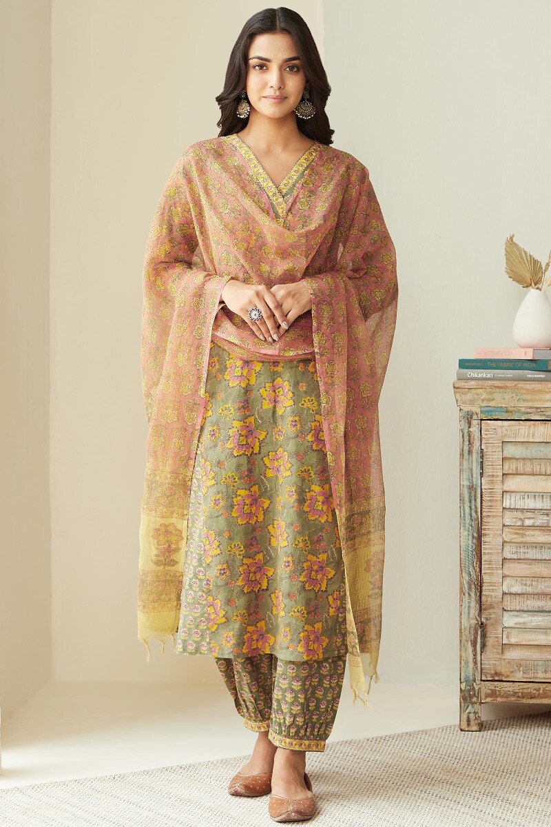 Green Hand Block-Printed Straight Cotton Kurta