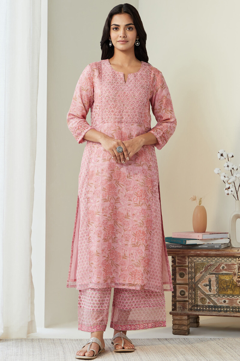 Pink Hand Block-Printed Straight Kota Kurta