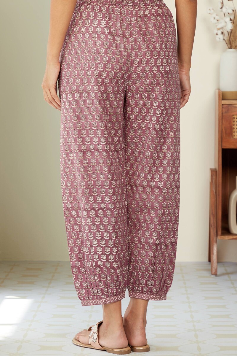 Purple Hand Block-Printed Cotton Izhaar Pants