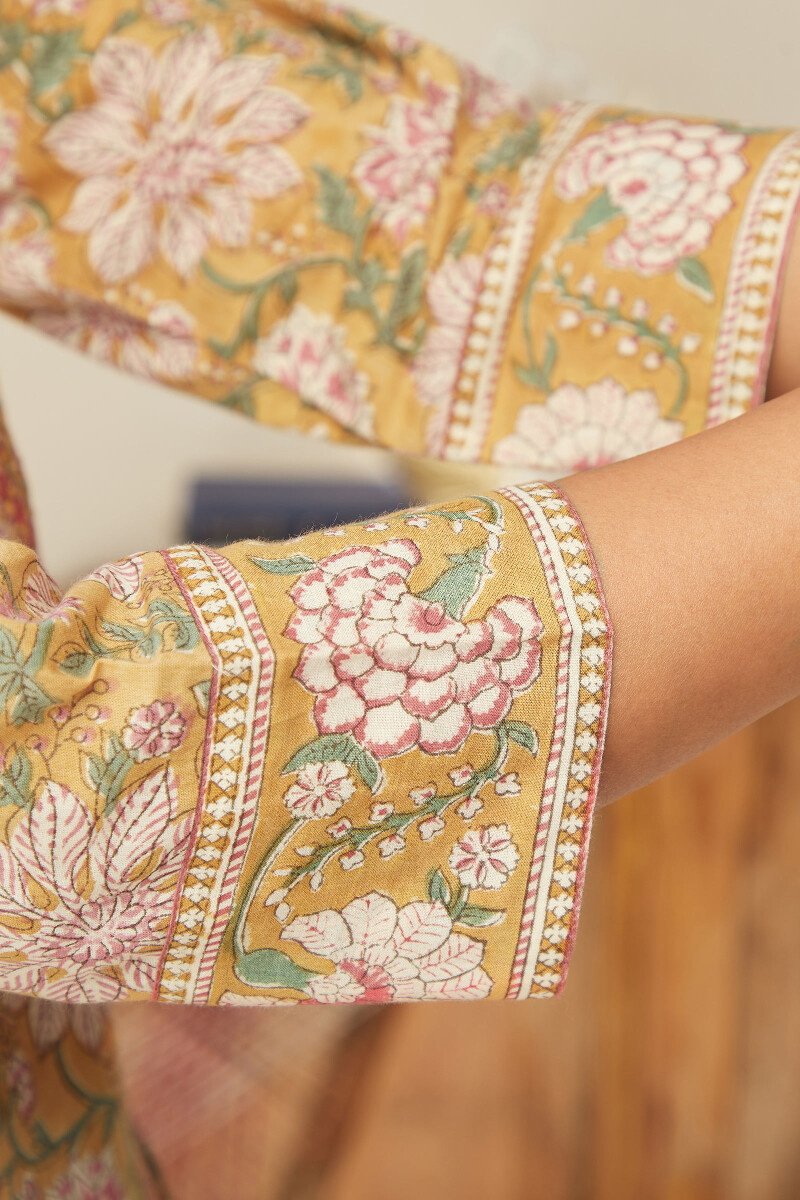 Yellow Hand Block-Printed Angrakha Cotton Kurta