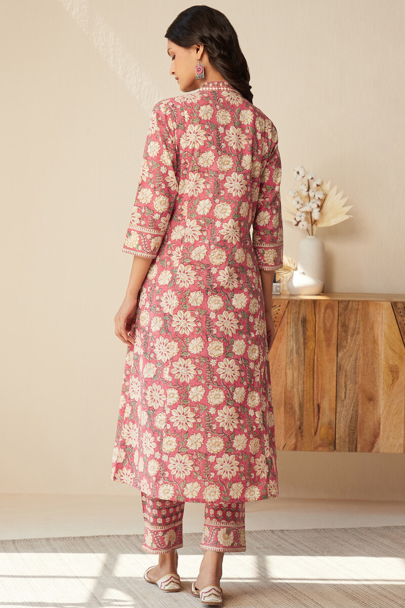 Pink Hand Block-Printed Angrakha Cotton Kurta