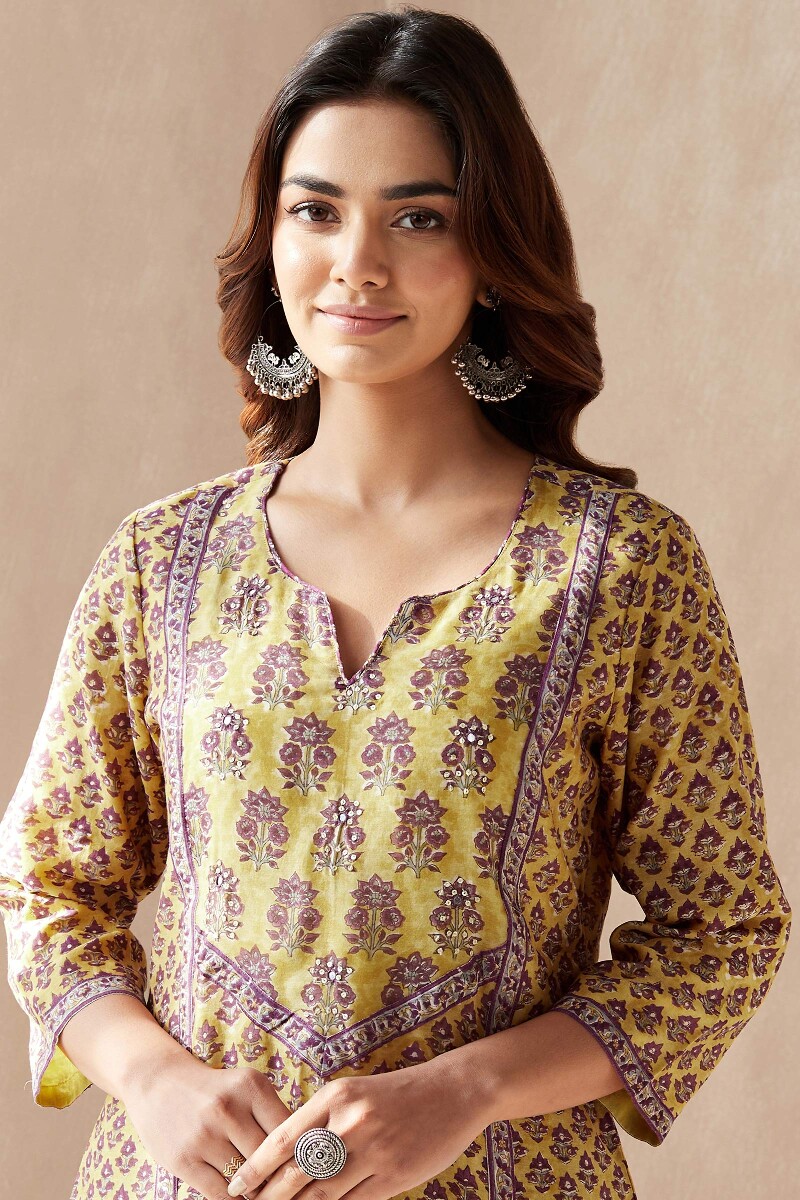 Yellow Hand Block-Printed Straight Chanderi Kurta