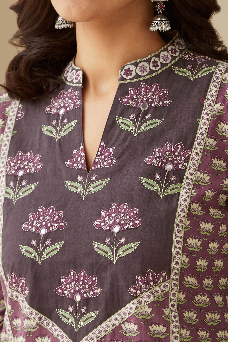 Purple Hand Printed Straight Cotton Kurta