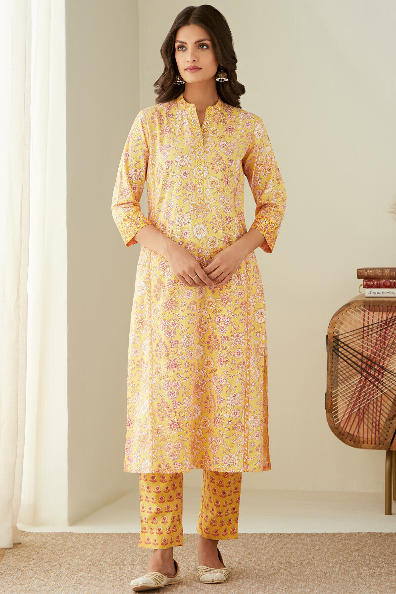 Yellow Hand Printed Straight Cotton Kurta